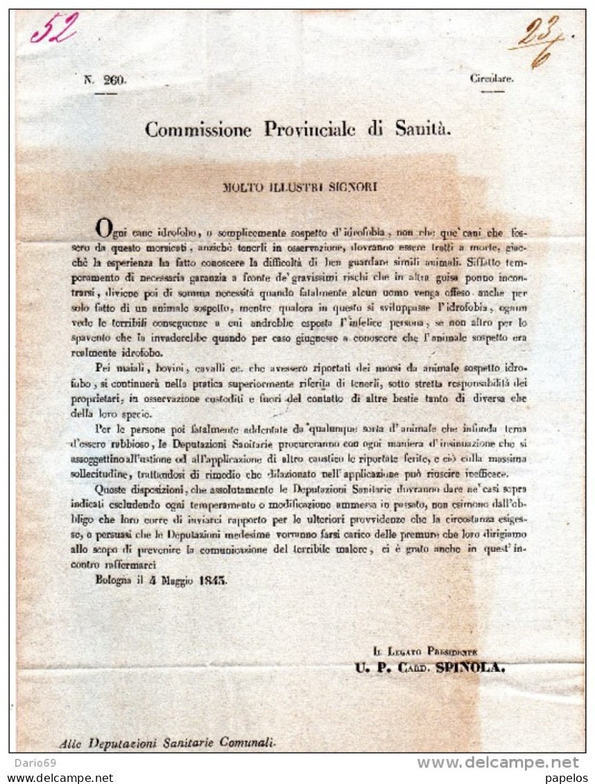 1843  BOLOGNA COMMISSIONE PROVINCIALE DI SANITÀ - Decretos & Leyes