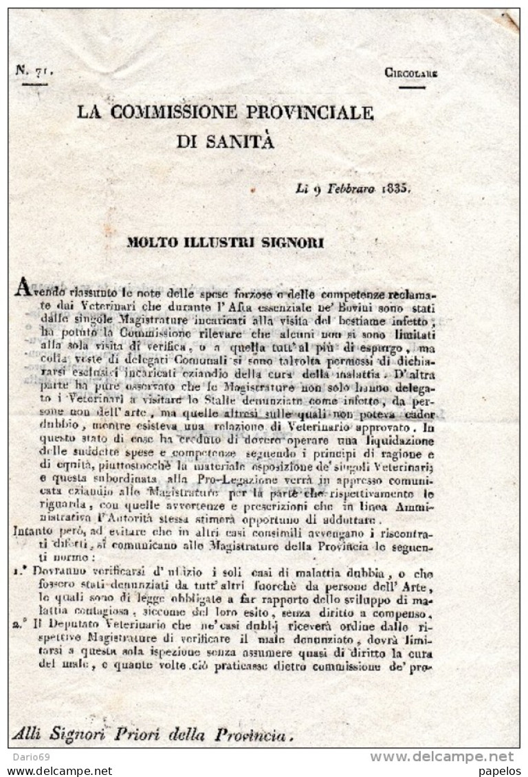 1843  BOLOGNA COMMISSIONE PROVINCIALE DI SANITÀ - Décrets & Lois