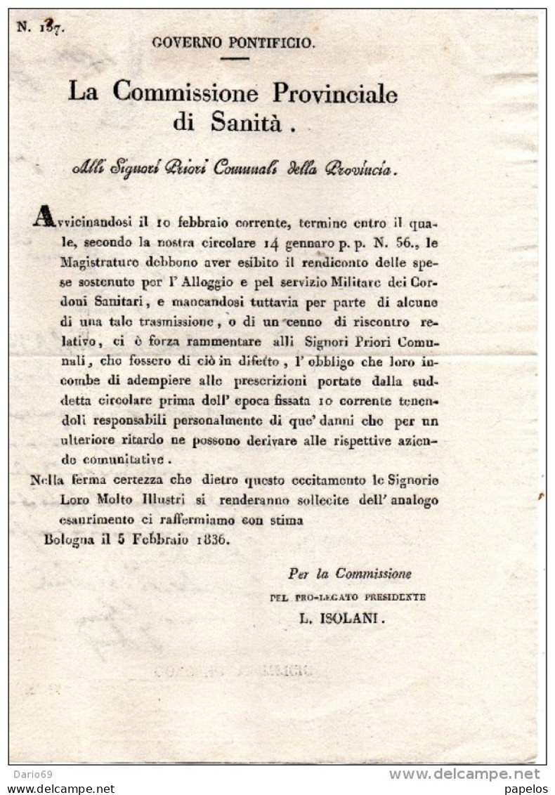 1836 BOLOGNA - COMMISSIONE PROVINCIALE DI SANITÀ - Decreti & Leggi