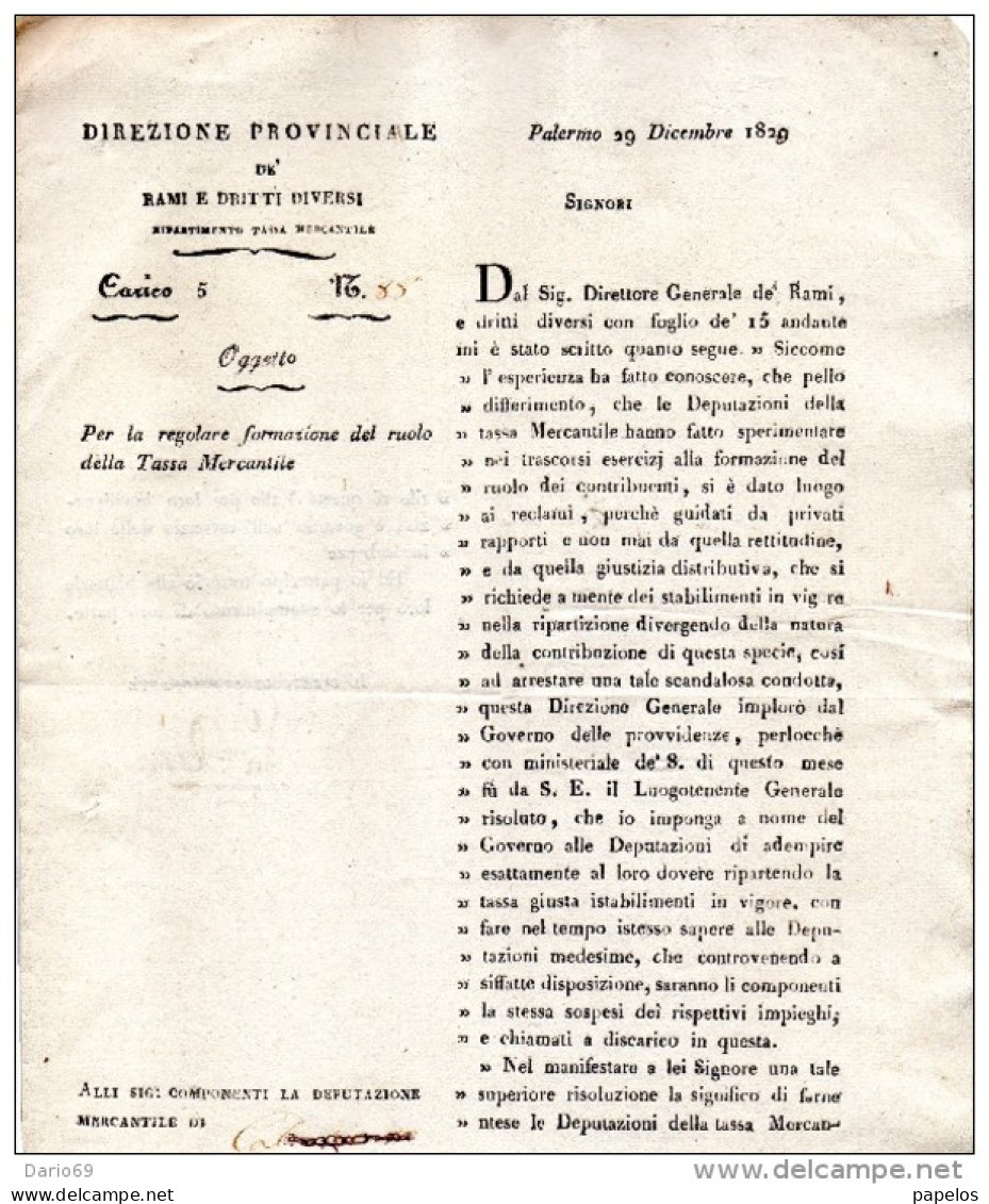 1829 PALERMO TASSA MERCANTILE - Decreti & Leggi