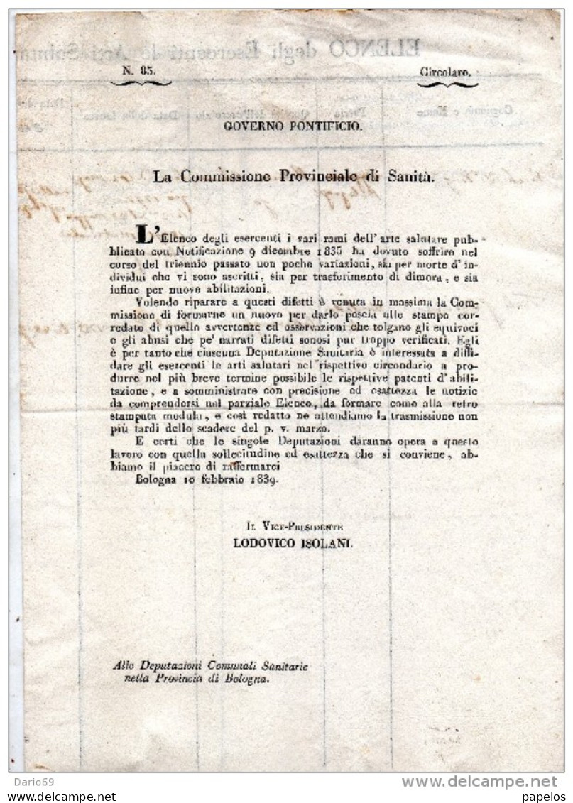 1839 BOLOGNA - COMMISSIONE PROVINCIALE DI SANITÀ - Documentos Históricos