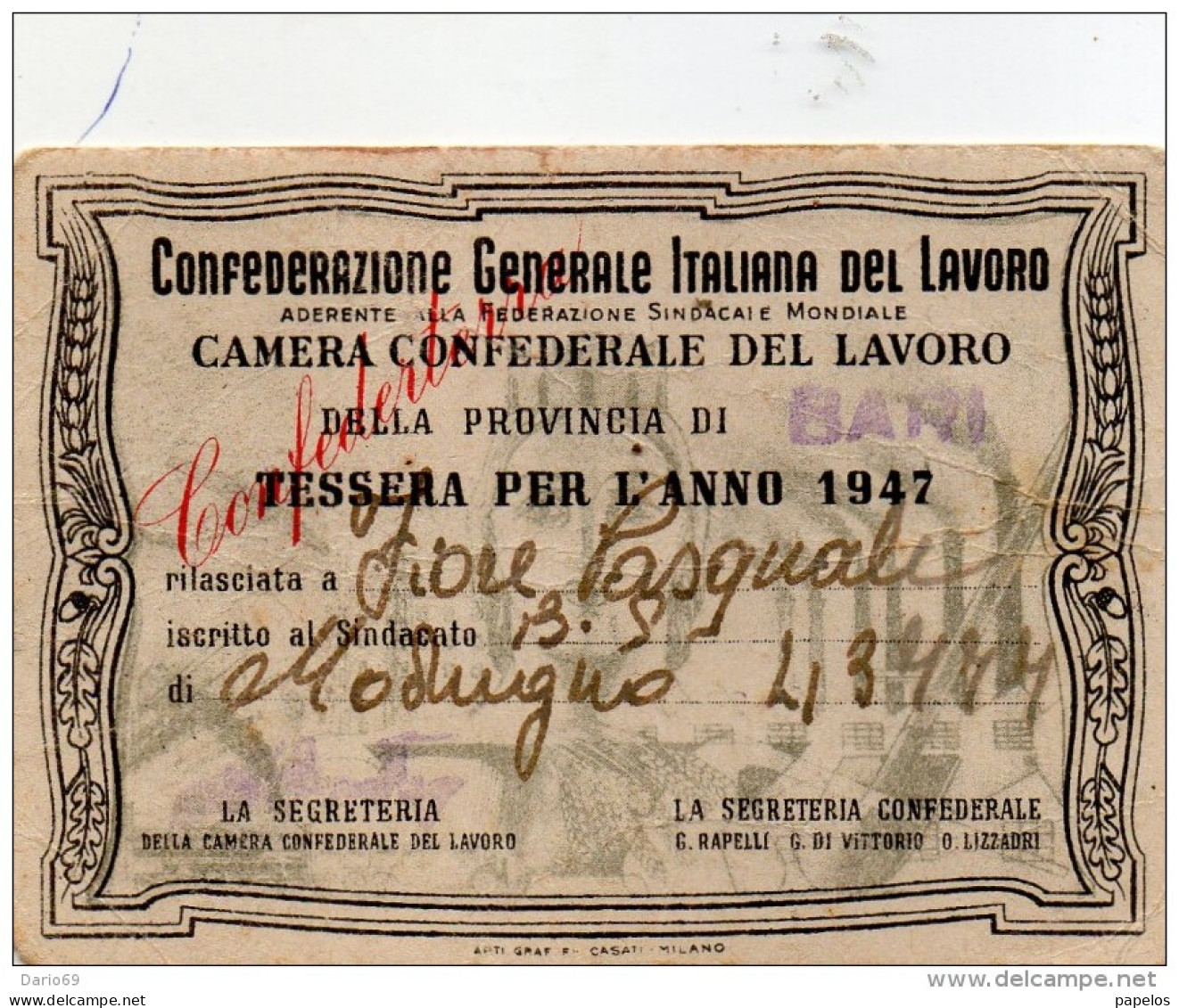 1947  TESSERA CONFEDERAZIONE GENERALE ITALIANA - Historische Dokumente