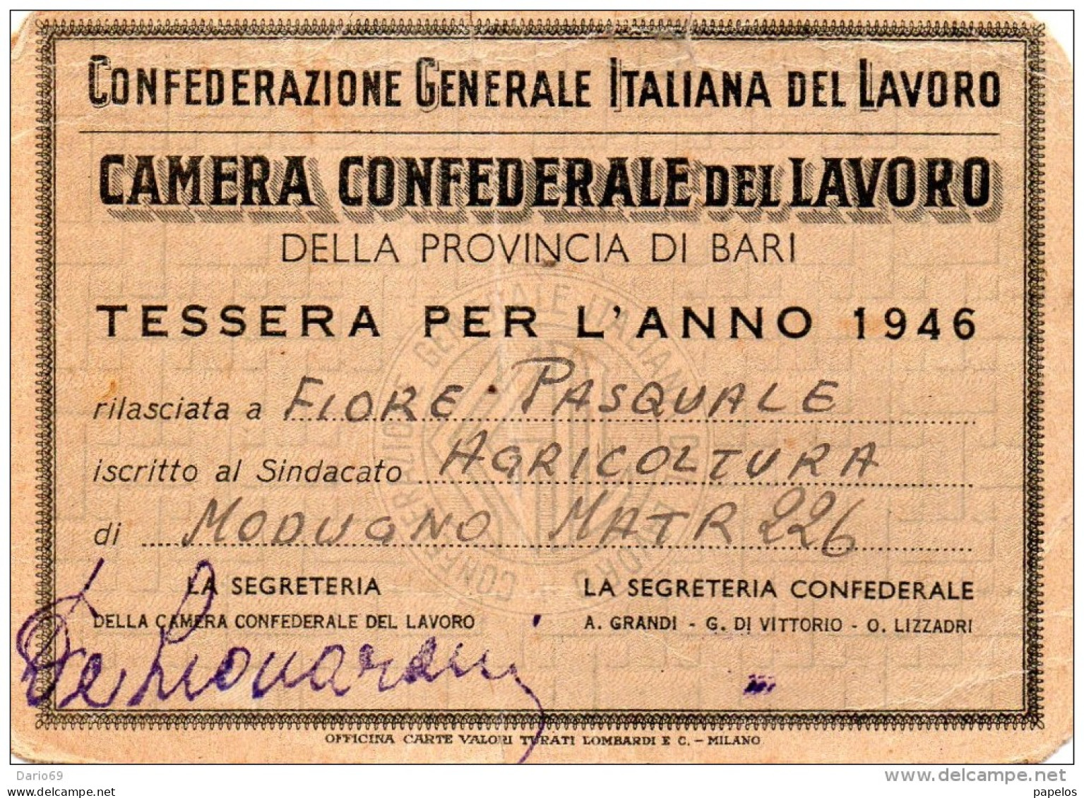 1946  TESSERA CONFEDERAZIONE GENERALE ITALIANA - Historical Documents