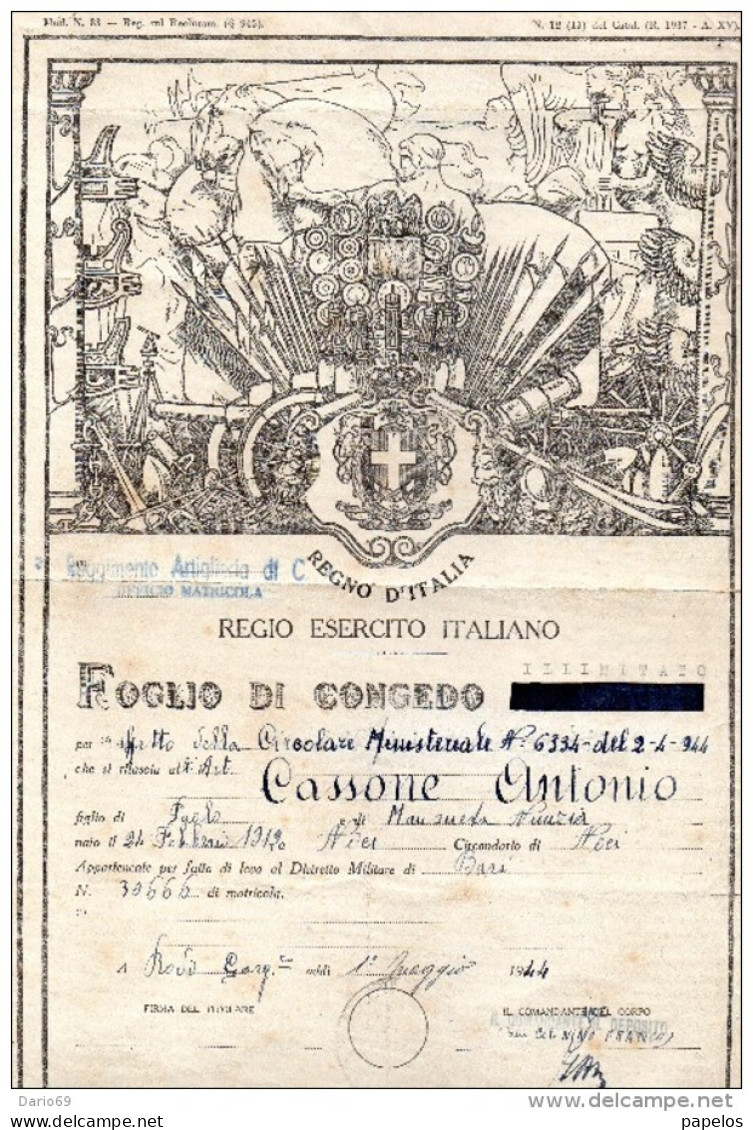1944 FOGLIO DI CONCEDO - Documentos Históricos