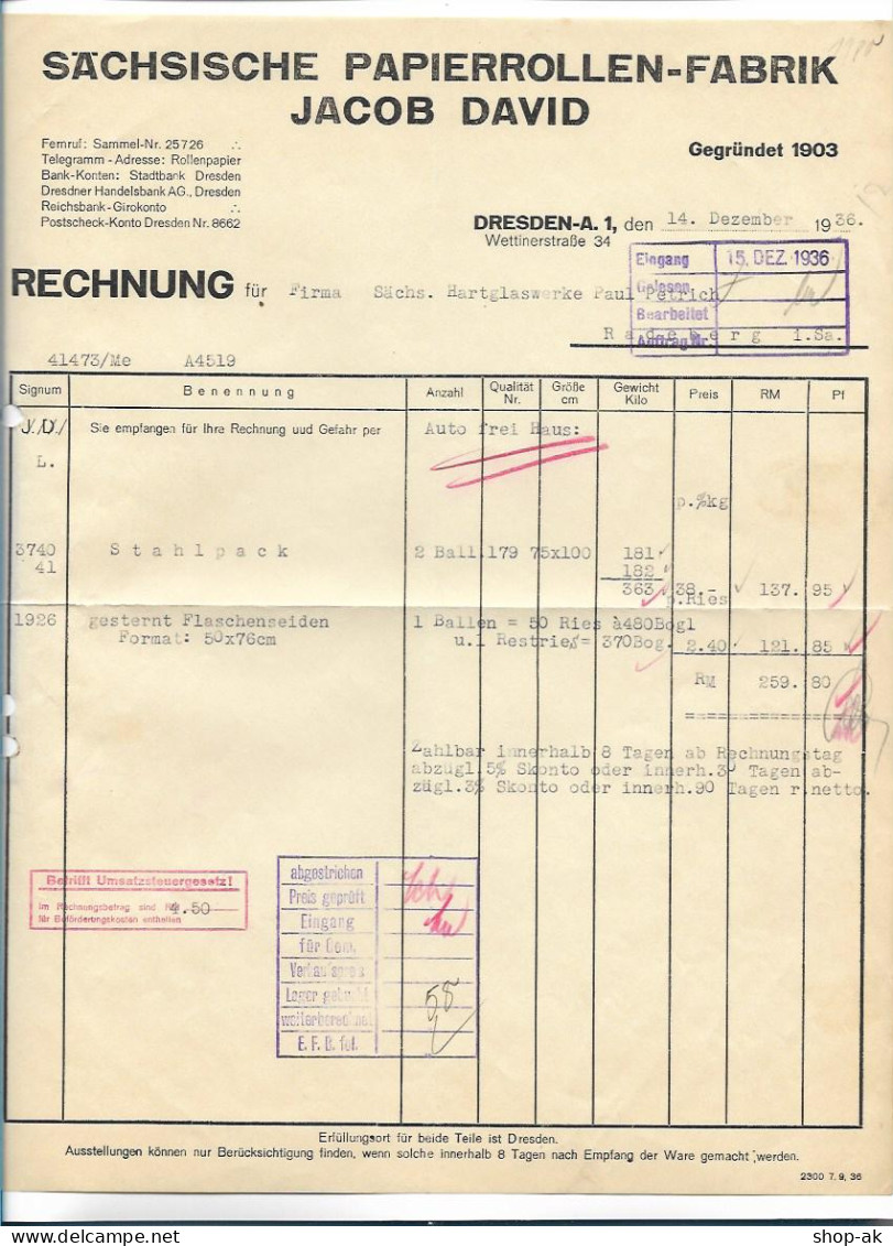 C5143/ Rechnung Jacob David, Sächs. Papierrollen-Fabrik , Dresden 1936 - Sonstige & Ohne Zuordnung