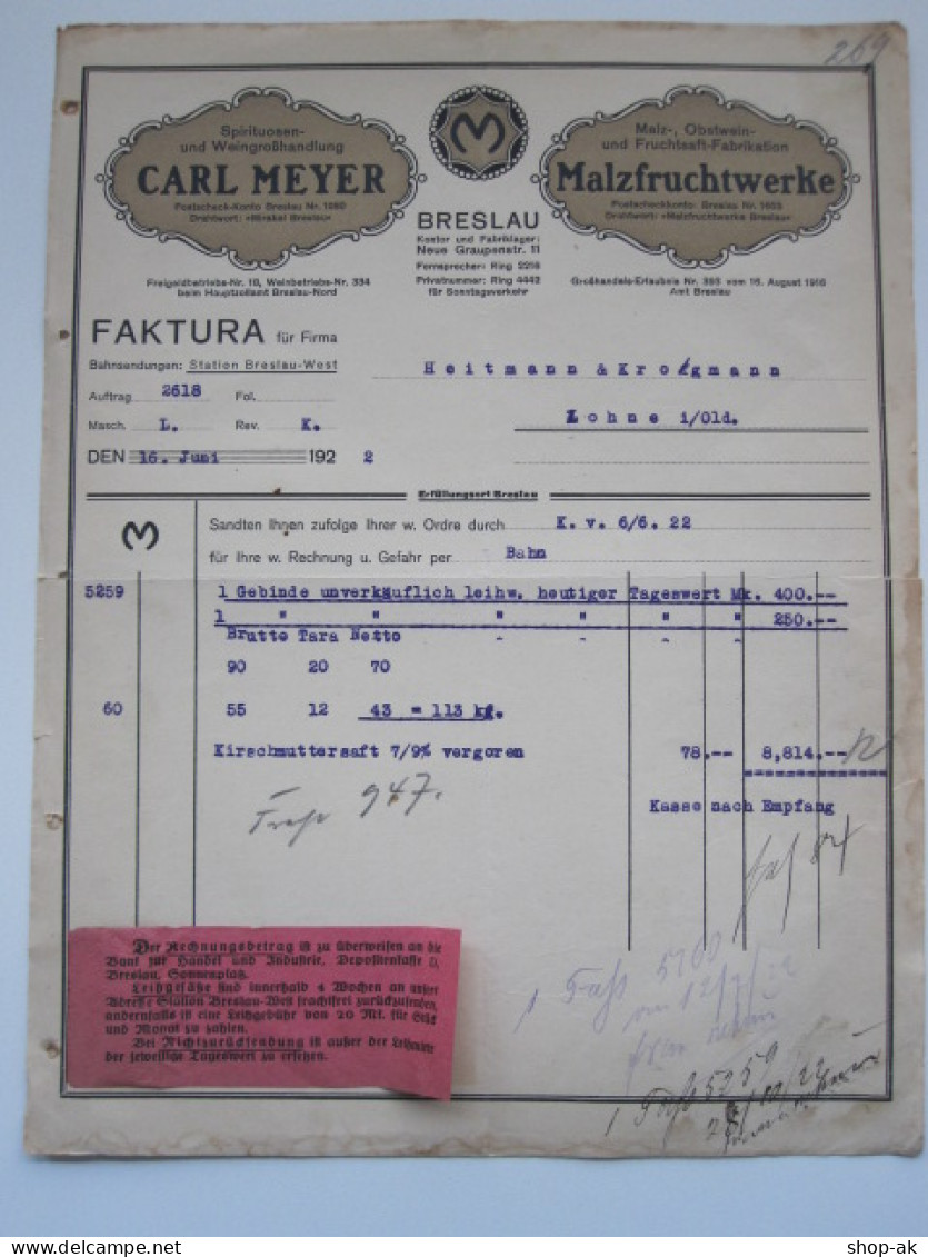 C1765/ Rechnung Carl Meyer Malzfruchtwerke Breslau 1922 - Sonstige & Ohne Zuordnung
