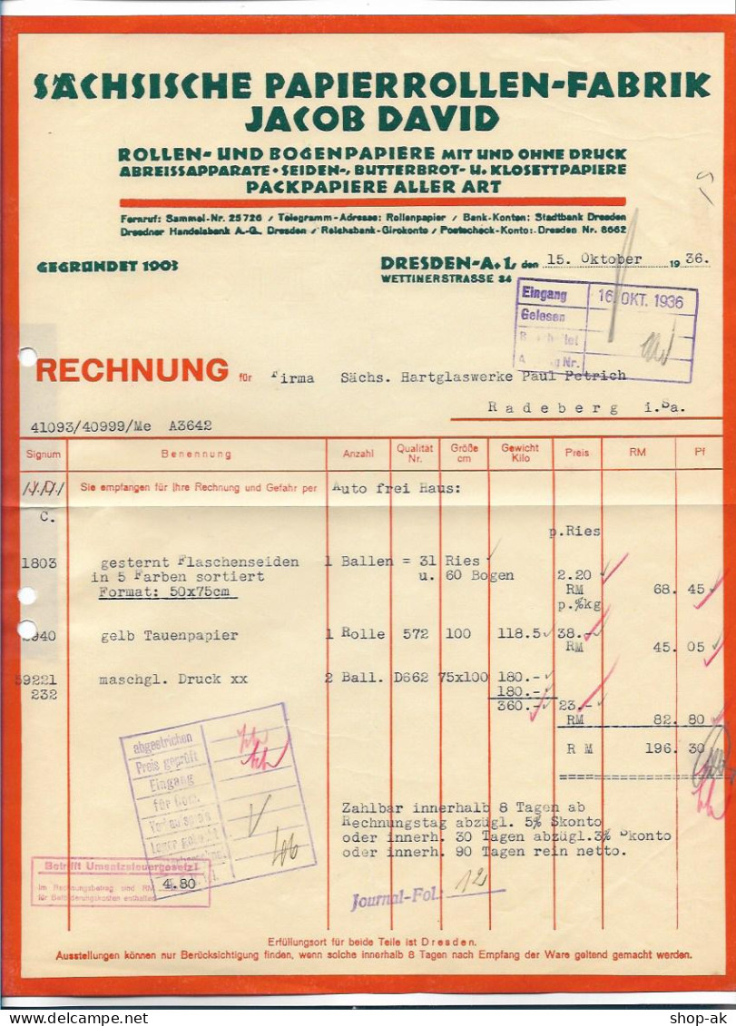 C5144/ Rechnung Jacob David, Sächs. Papierrollen-Fabrik , Dresden 1936 - Sonstige & Ohne Zuordnung