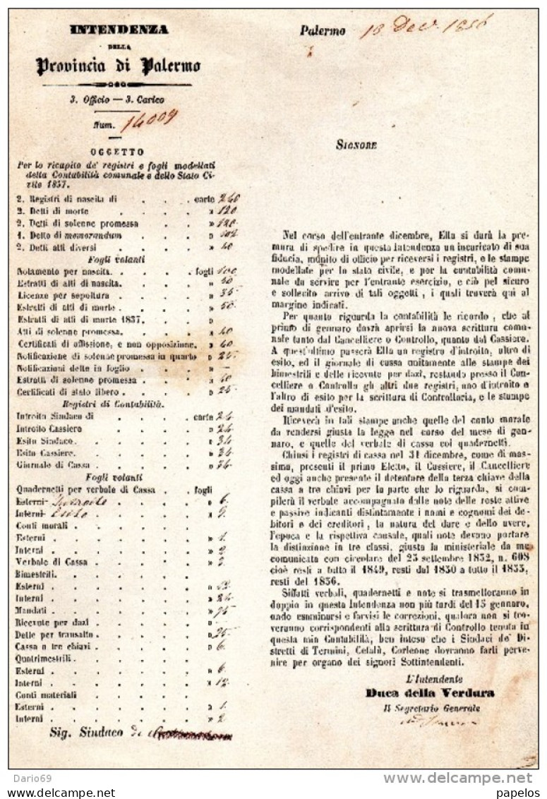 1856  INTENDENZA DELLA PROVINCIA  DI PALERMO - Documents Historiques