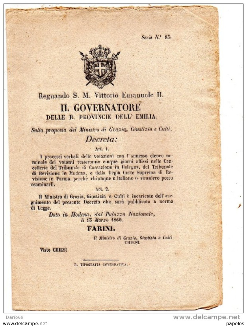 1860  DECRETO    -  MODENA - Decreti & Leggi