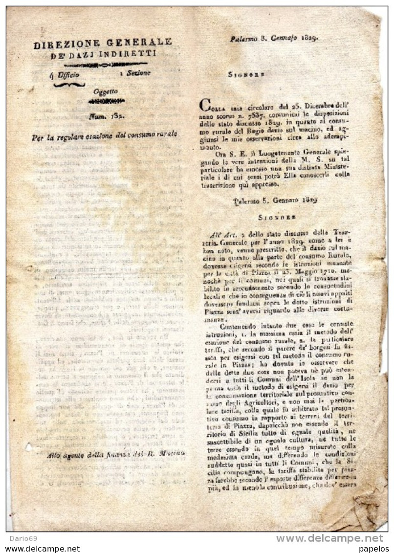 1829 PALERMO DIREZIONE GENERALE DEI DAZI INDIRETTI - Documents Historiques