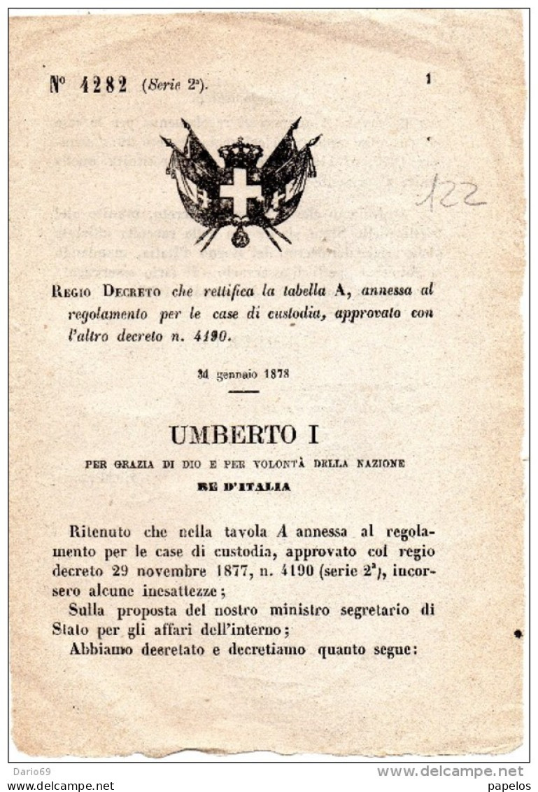 1878 DECRETO - REGOLAMENTO PER LE CASE DI CUSTODIA - Décrets & Lois