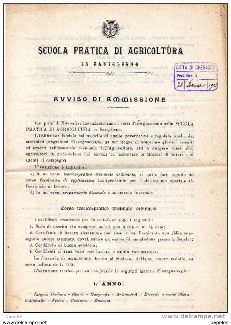 1903 LETTERA CON ANNULLO SAVIGLIANO CUNEO - SCUOLA PRATICA  DI AGRICOLTURA - Marcophilia