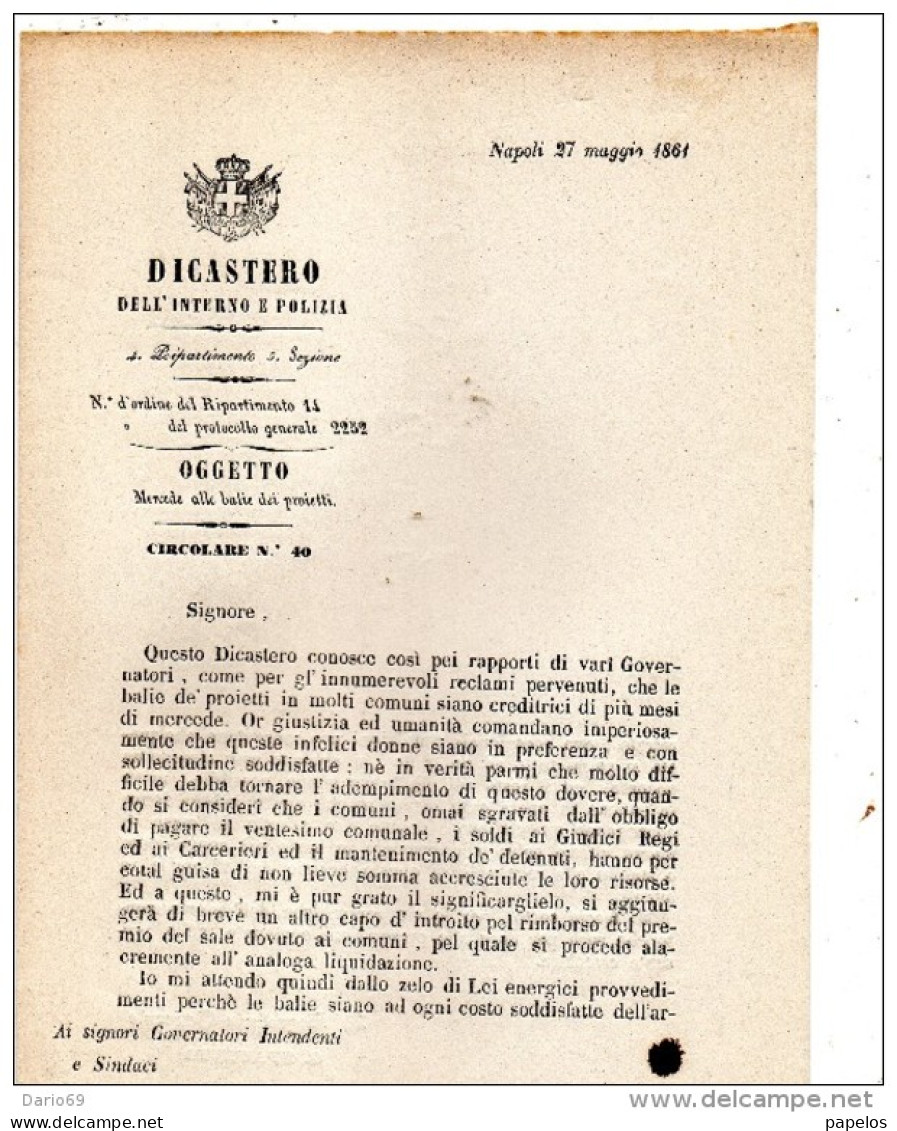 1861 NAPOLI - MERCEDE ALLE BALIE DEI PROIETTI - Documentos Históricos