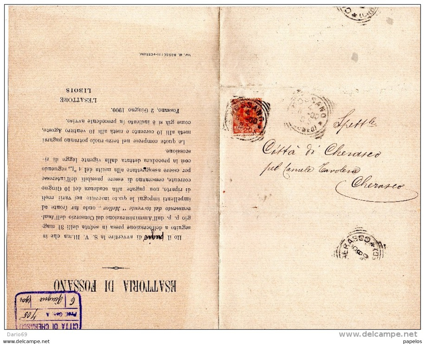 1900 LETTERA INTESTATA ESATTORIA  CON ANNULLO FOSSANO CUNEO - Marcophilie