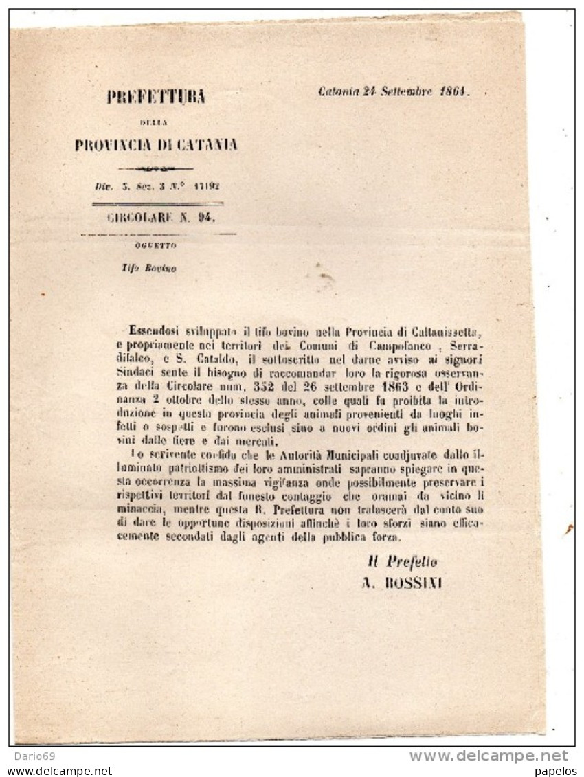 1864 CATANIA  TIFO BOVINO - Documents Historiques