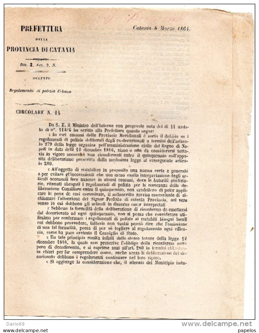 1864 CATANIA  REGOLAMENTO DI POLIZIA URBANA - Documents Historiques
