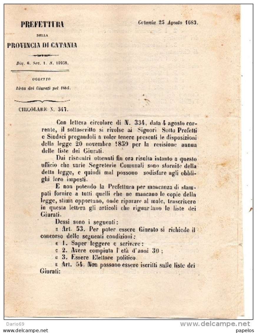 1863 CATANIA - LISTA DEI GIURATI - Documents Historiques