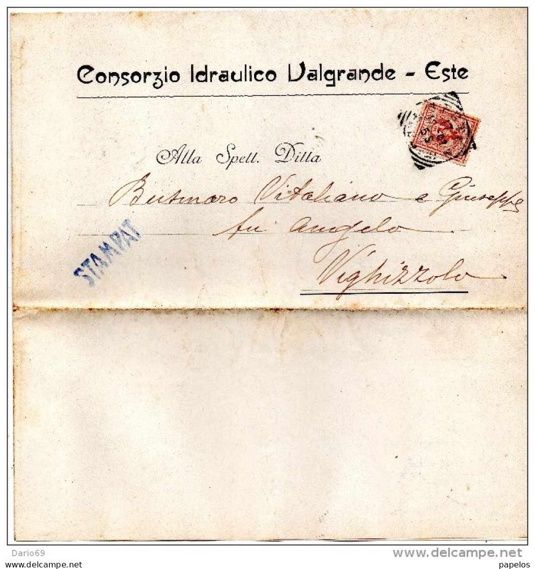 1907 LETTERA INTESTATA COSORZIO IDRAULICO VALGRANDE CON ANNULLO ESTE - Marcophilia