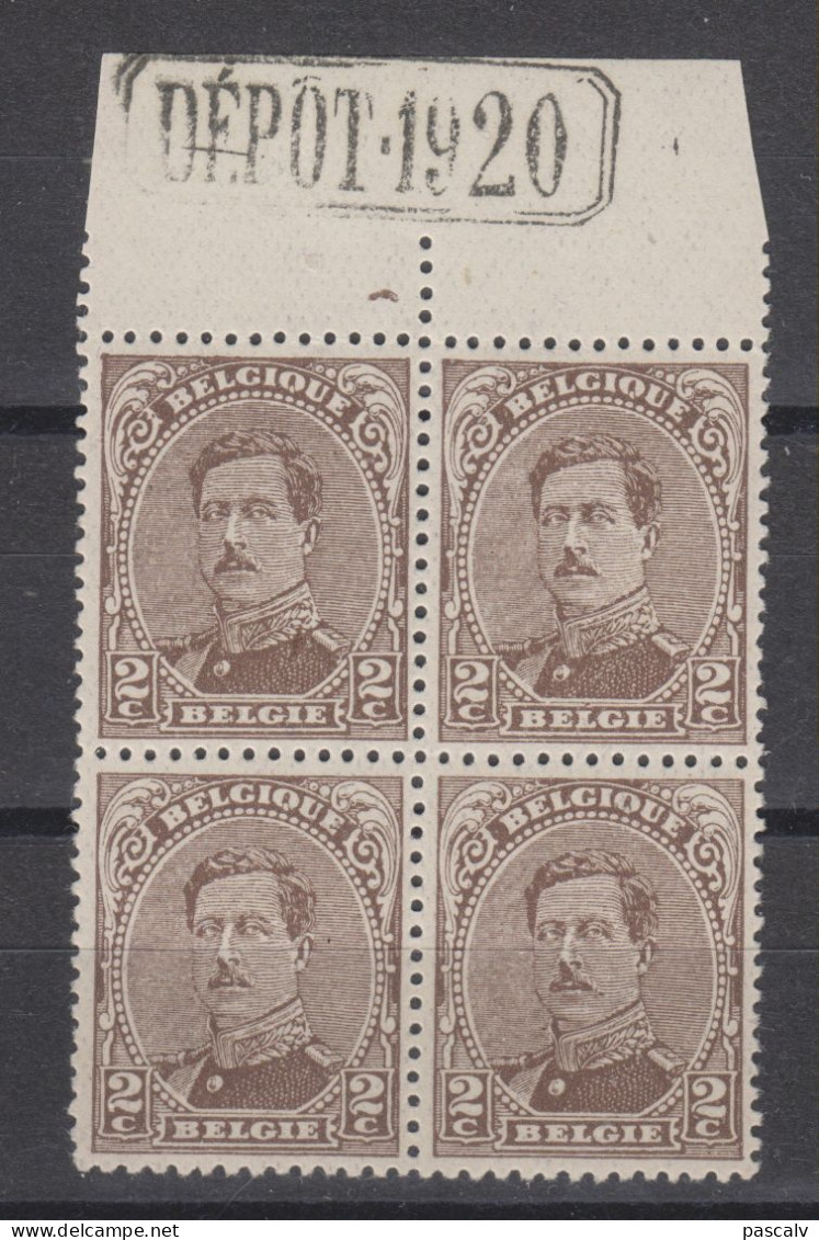 COB 136 ** Neuf Sans Charnière Bloc De 4 Inscription Marginale - 1915-1920 Albert I