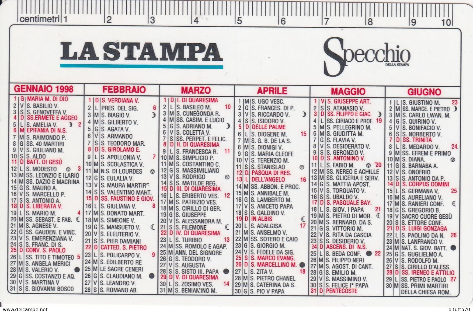 Calendarietto - La Stampa - Anno 1998 - Formato Piccolo : 1991-00