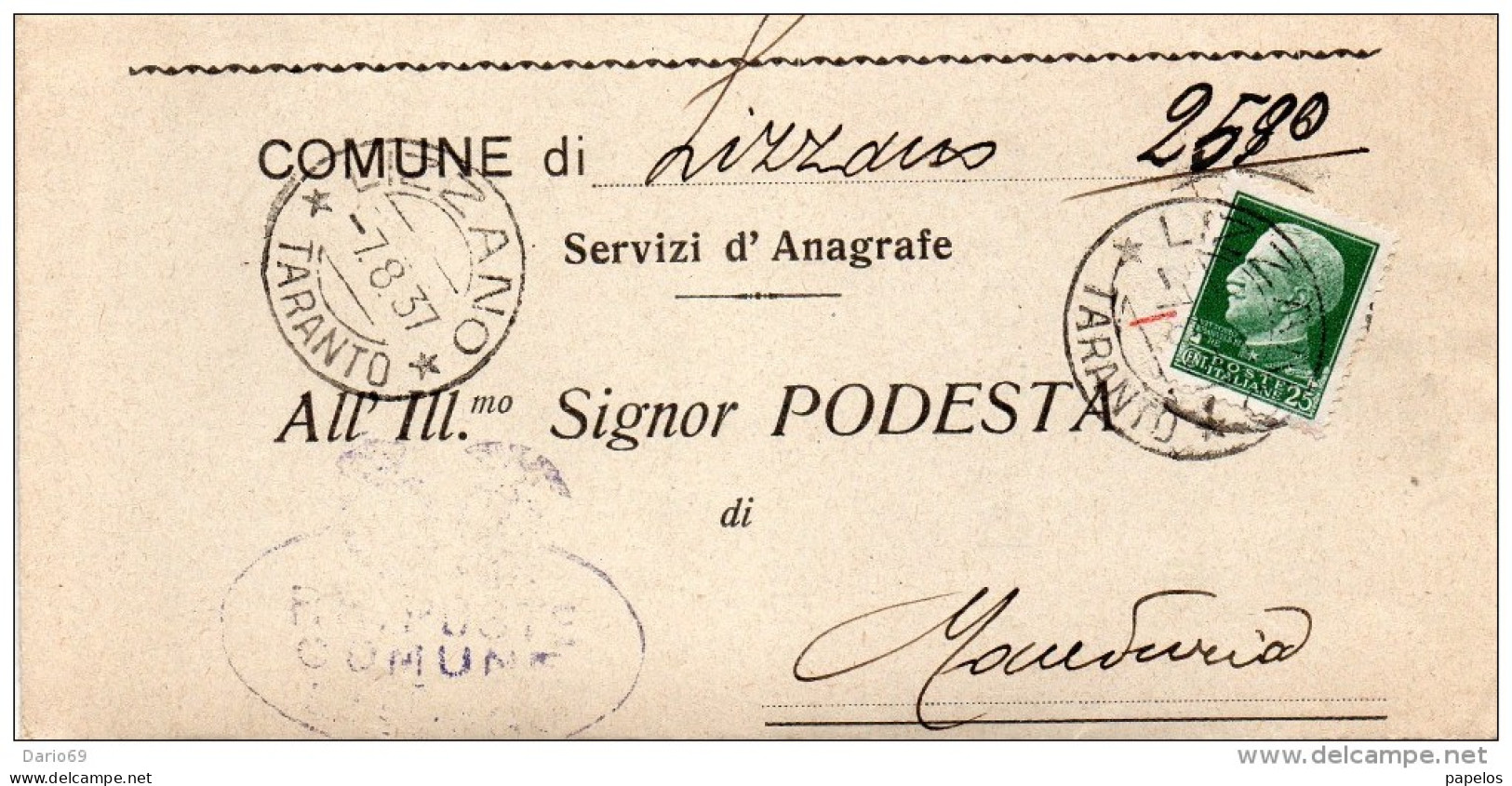 1937  LETTERA CON ANNULLO LIZZANO TARANTO - Storia Postale