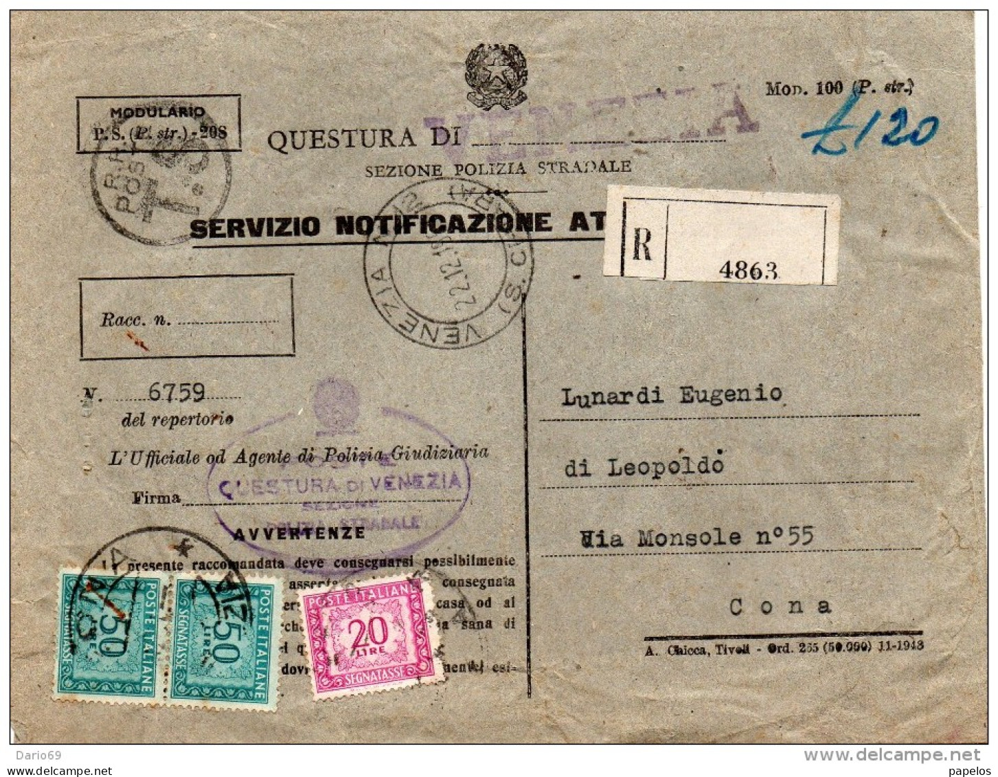 1951  LETTERA   RACCOMANDATA CON ANNULLO  VENEZIA + CONA - Segnatasse