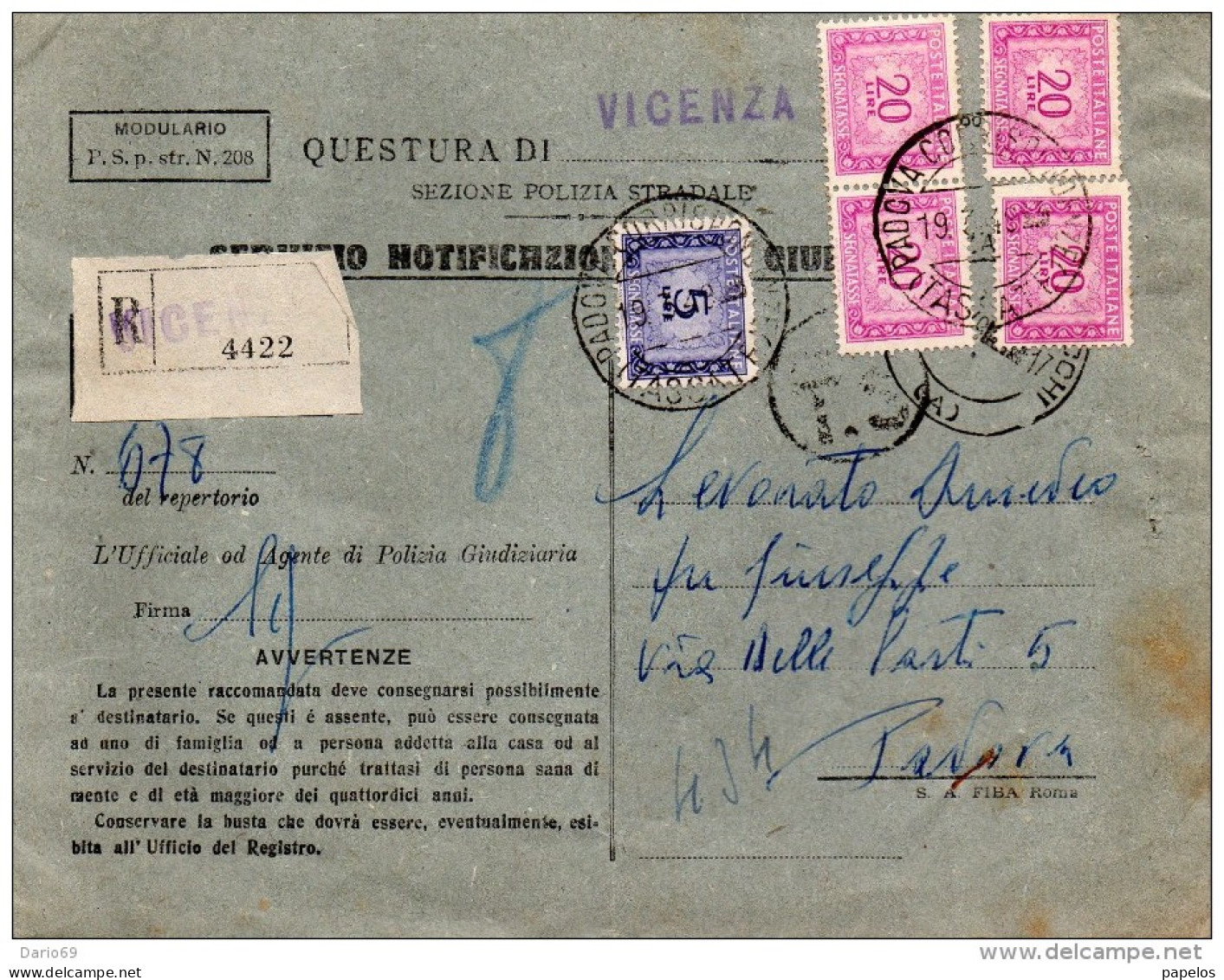 1949  LETTERA   RACCOMANDATA CON ANNULLO  VICENZA  + PADOVA - Taxe