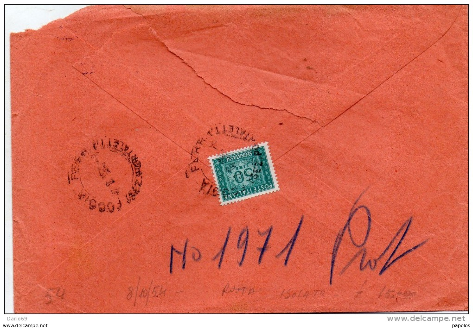 1954  LETTERA   CON ANNULLO   A RUOTA FOGGIA  TASSATA - 1946-60: Storia Postale