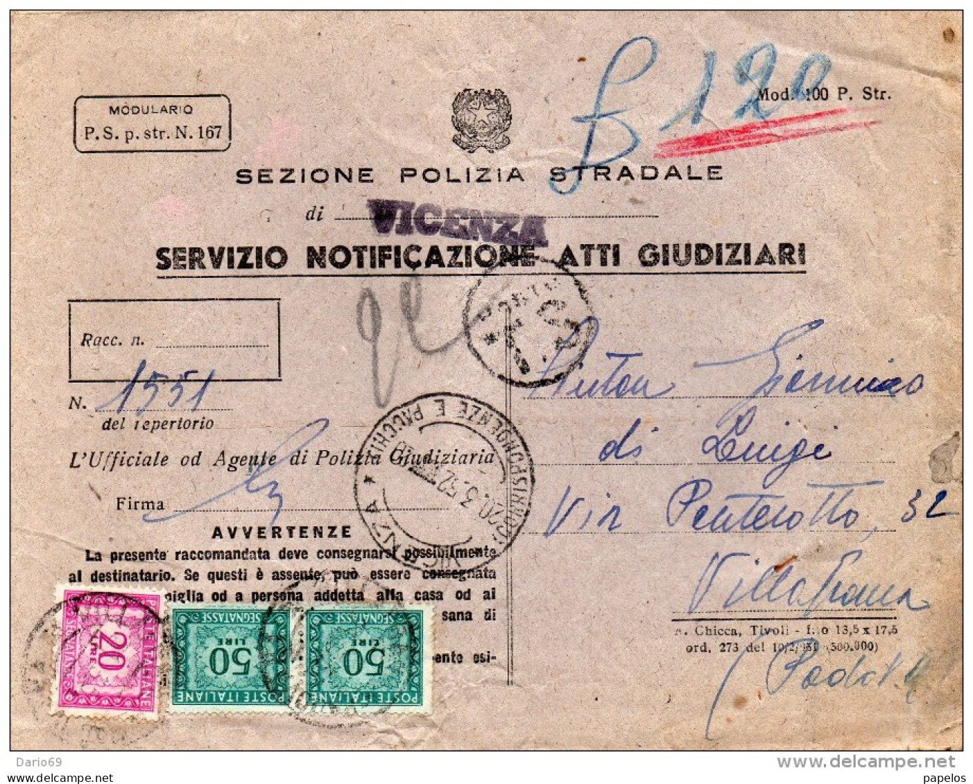 1952  LETTERA RACCOMANDATA CON ANNULLO   VICENZA  +  VILLAFRANCA PADOVANA - Taxe