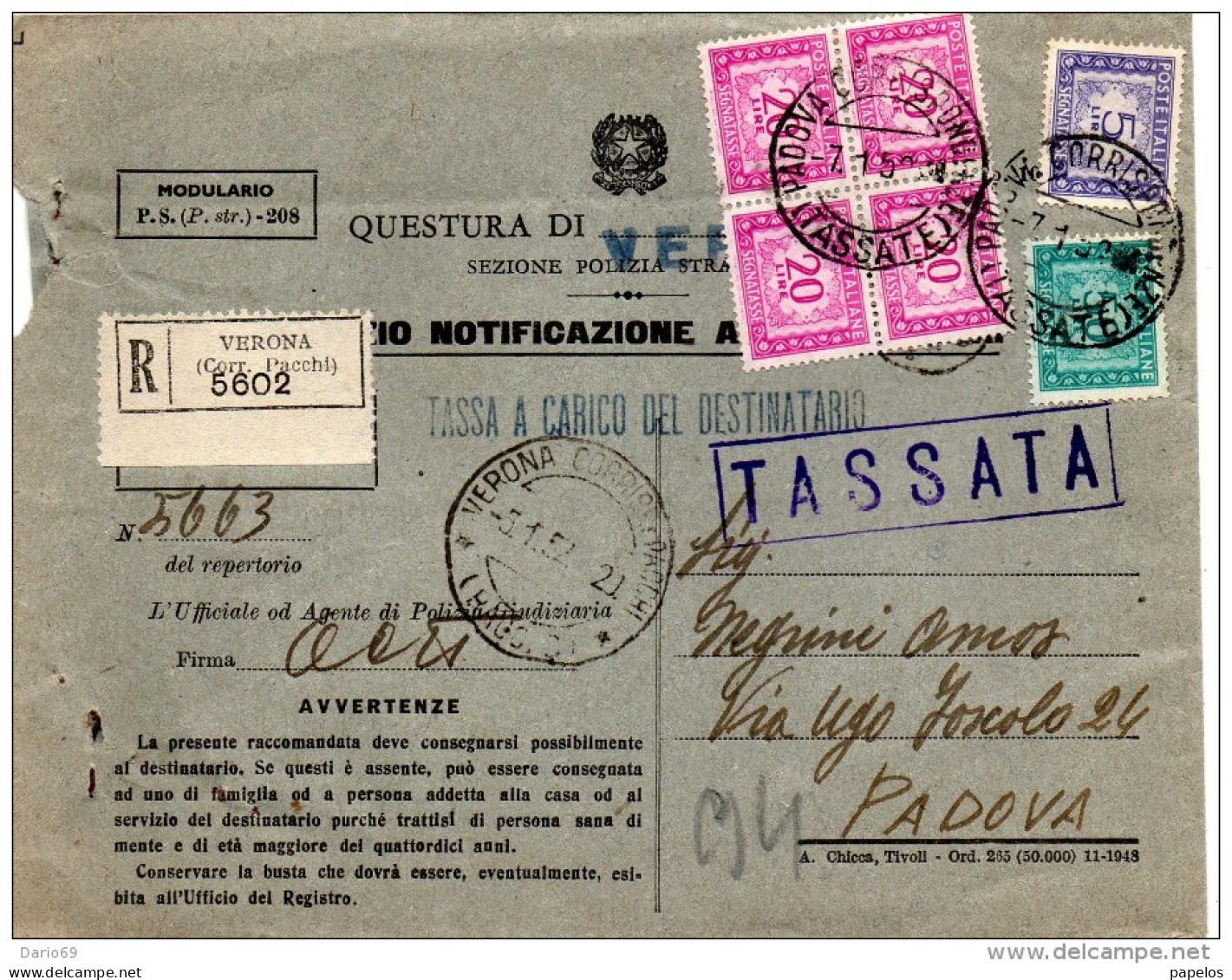 1952  LETTERA RACCOMANDATA CON ANNULLO   VERONA + PADOVA TASSATA - Strafport