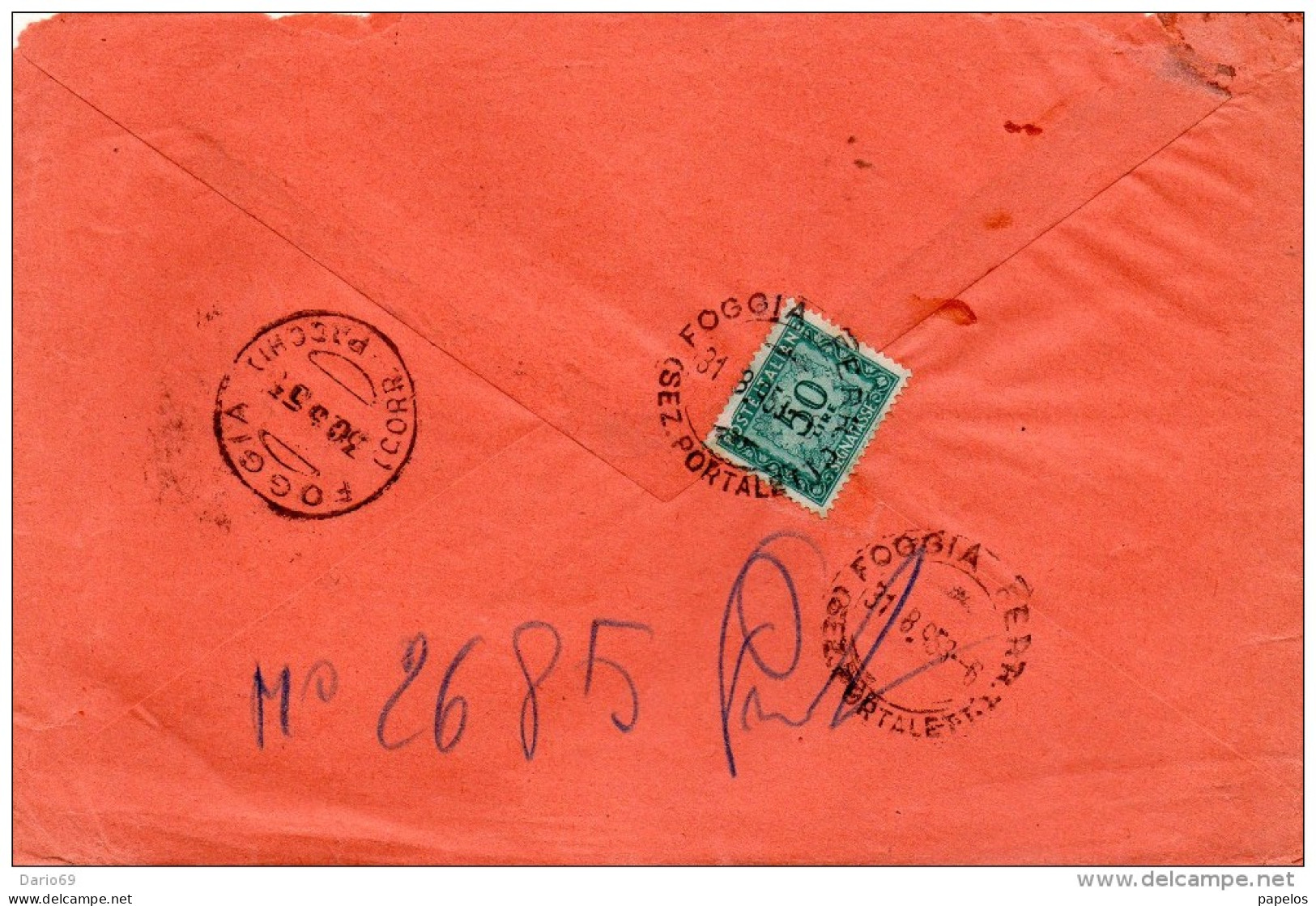 1953  LETTERA   CON ANNULLO   A RUOTA FOGGIA  TASSATA - 1946-60: Storia Postale