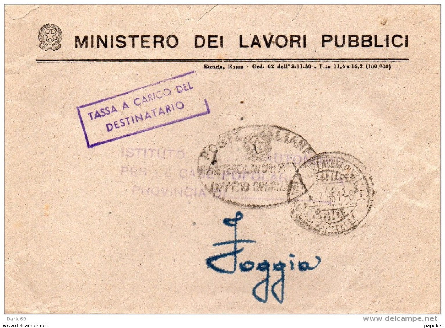 1951  LETTERA INTESTATA MINISTERO DEI LAVORI PUBBLICI  CON ANNULLO   FOGGIA - Portomarken