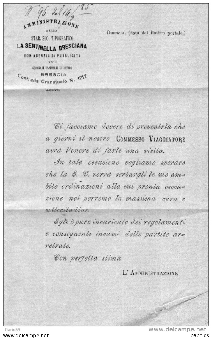 1885 LETTERA INTESTATA LA SENTINELLA BRESCIANA CON ANNULLO BRESCIA - Historical Documents