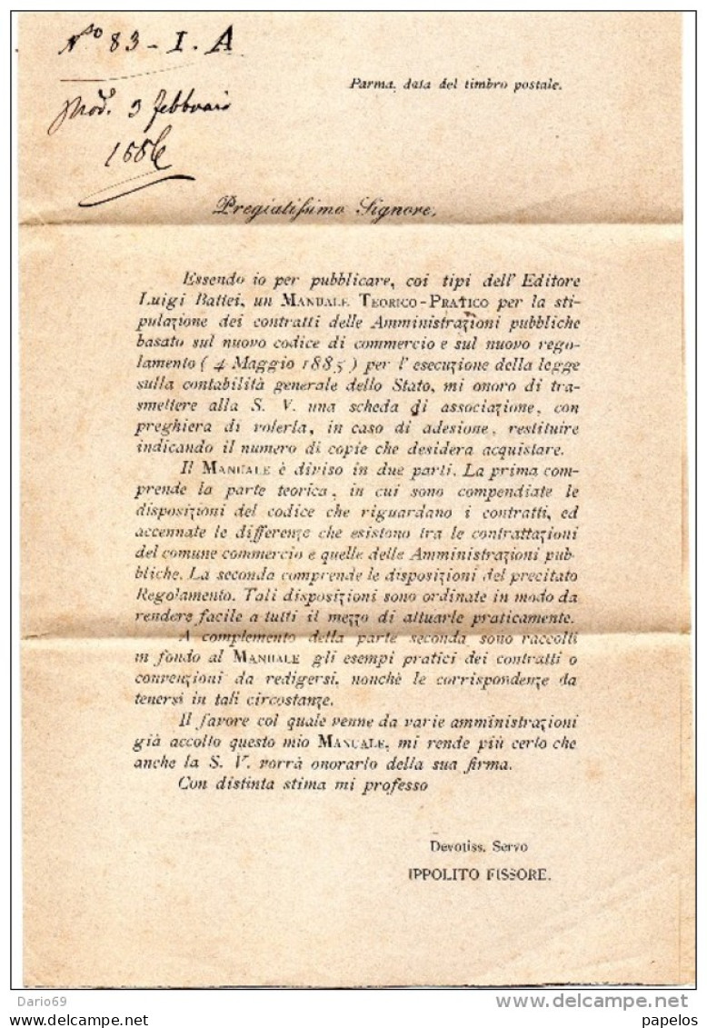 1886 LETTERA CON ANNULLO PARMA + LAVENONE BRESCIA - Marcophilia