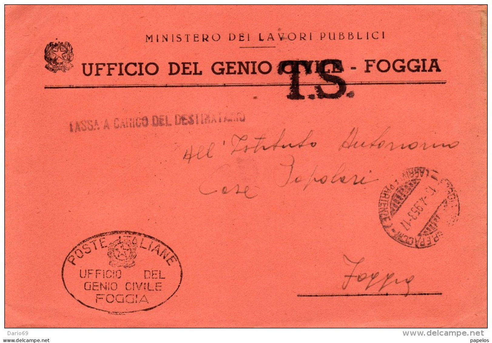 1953 LETTERA INTESTATA GENIO CIVILE FOGGIA - Segnatasse