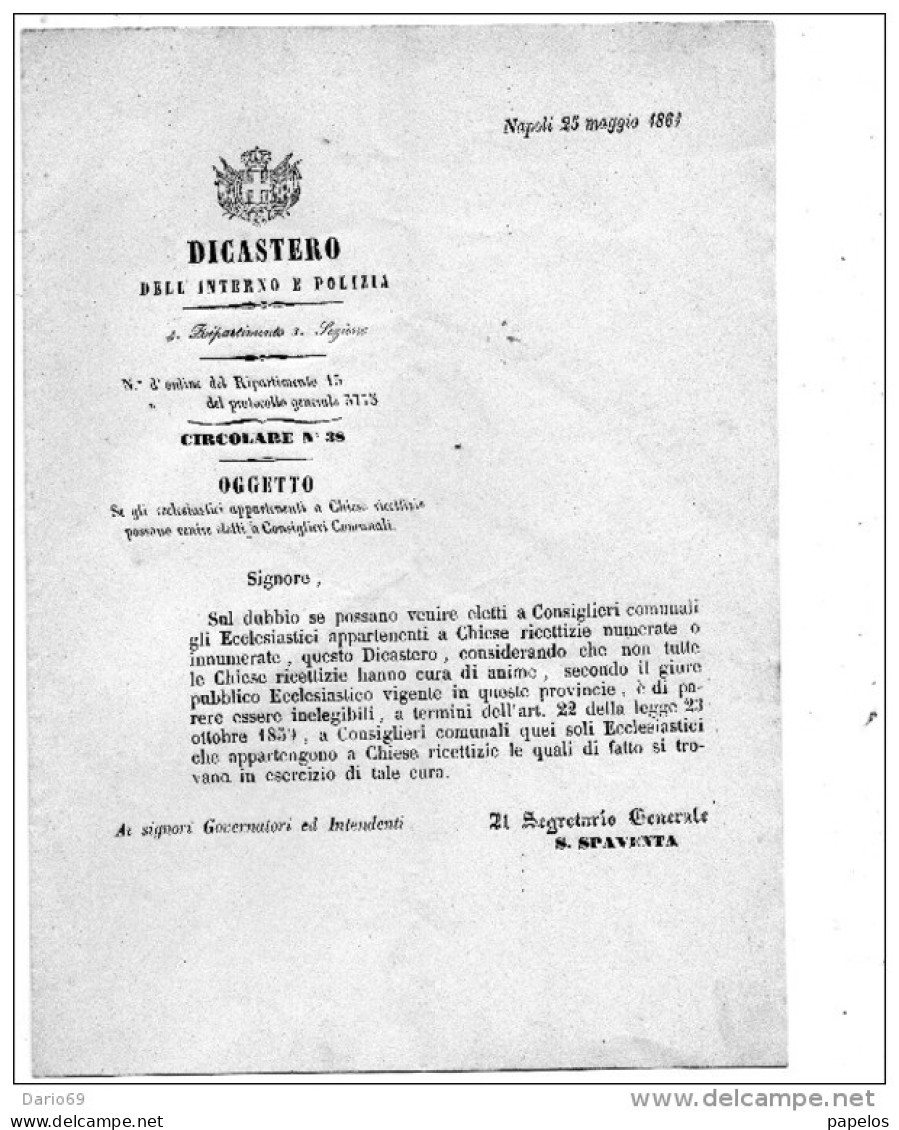 1861 NAPOLI - DICASTERO DI POLIZIA  SE GLI ECCLESIASTICI APPARTENENTI A CHIESE RICETTIZIE POSSONO VENIR ELETTI - Documents Historiques