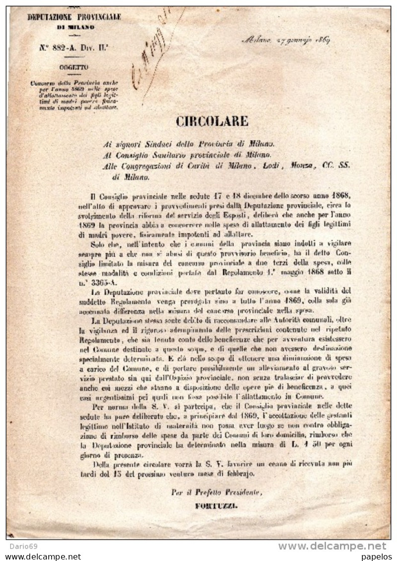 1869 MILANO - CONCORSO DELLA PROVINCIA  NELLE SPESE D'ALLATTAMENTO DEI FIGLI LEGITTIMI DI MADRI POVERE - Historische Dokumente