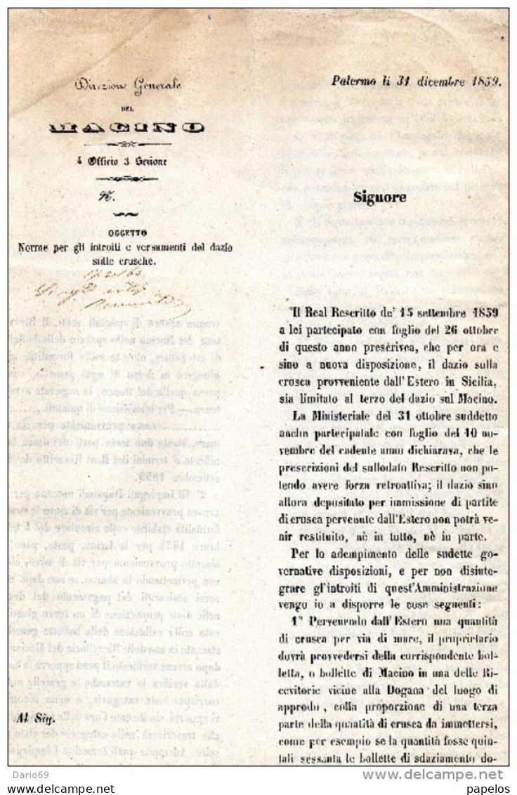 1859  PALERMO  DIREZIONE DEL MACINO - DAZIO SULLE CRUSCHE - Historical Documents