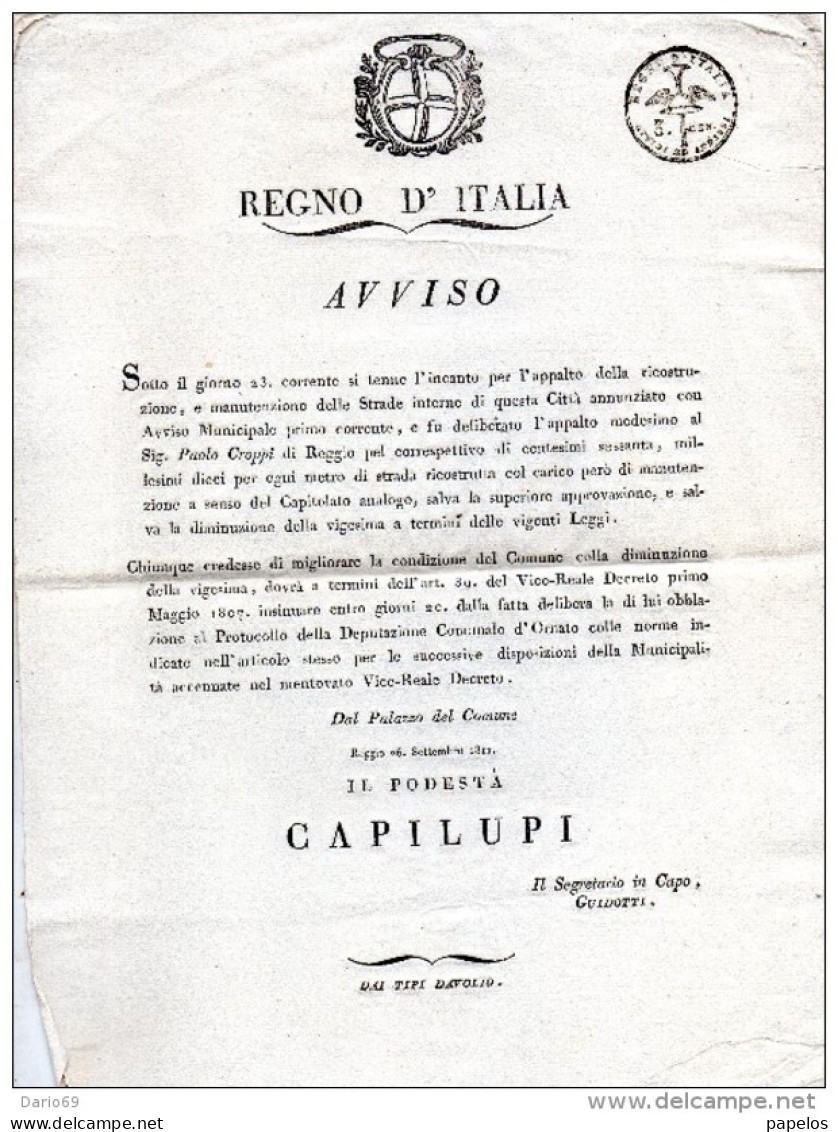 1811 REGGIO  - APPALTO PER LA RICOSTRUZIONE E MANUTENZIONE DELLE STRADE - Historische Dokumente