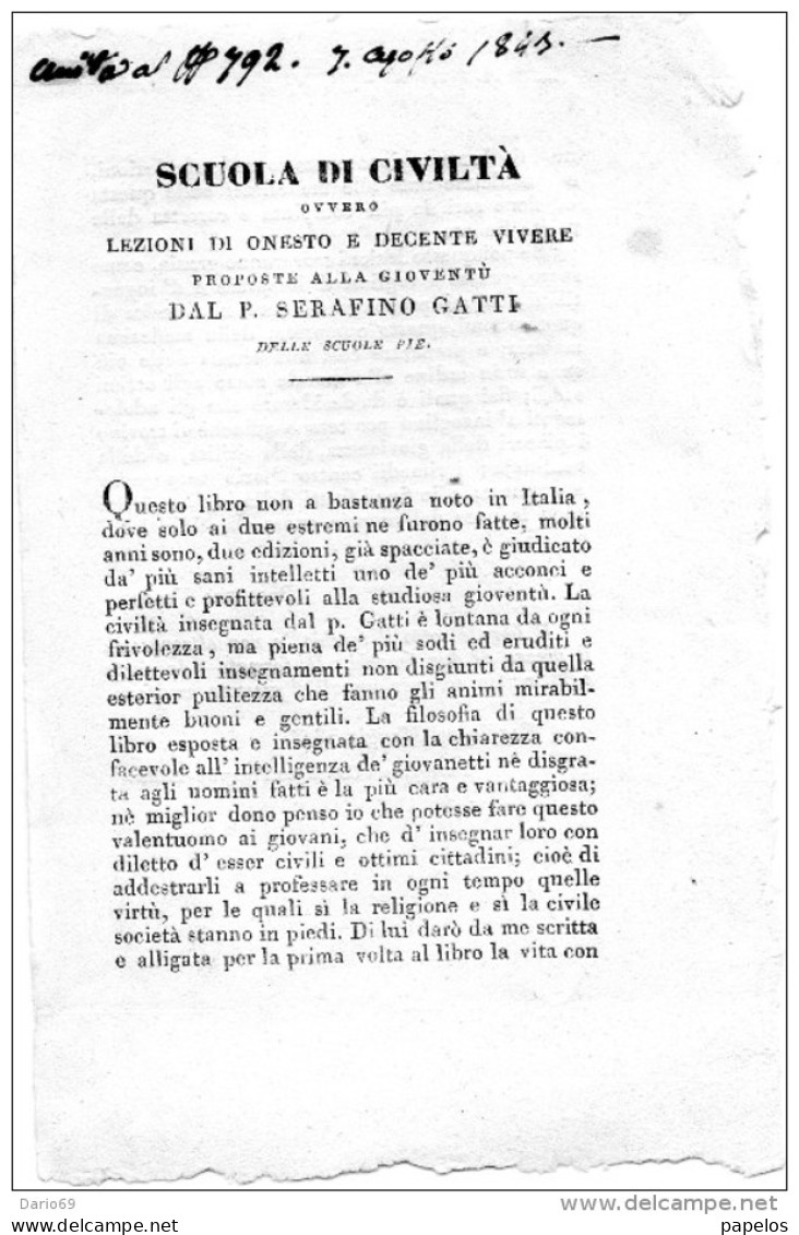 1843 SCUOLA DI CIVILTÀ   OVVERO LEZIONI DI ONESTO E DECENTE VIVERE - Documentos Históricos