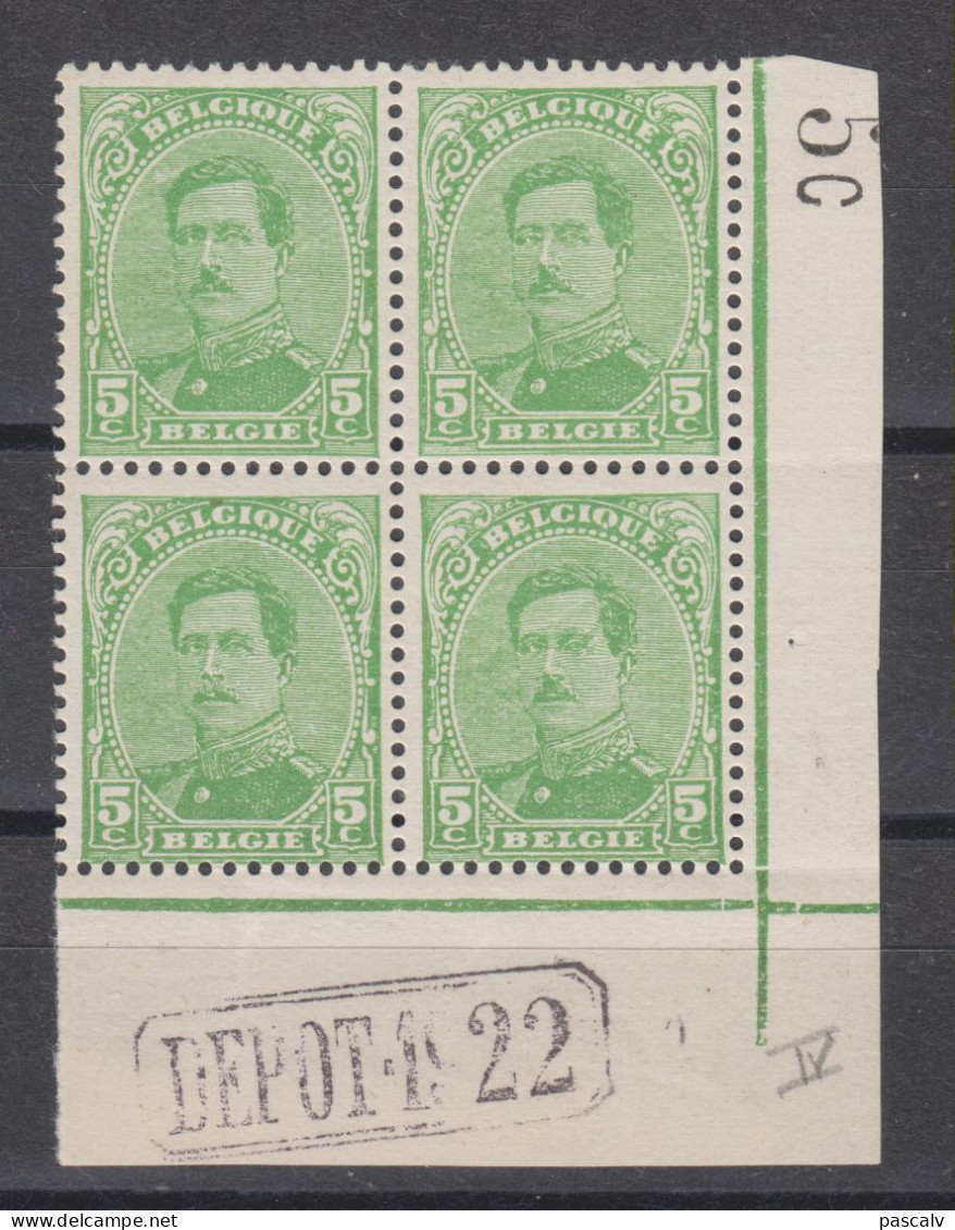 COB 137C ** Neuf Sans Charnière Bloc De 4 Inscription Marginale - 1915-1920 Albert I