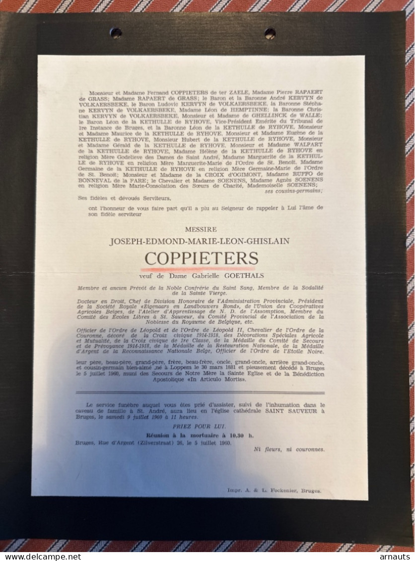 Messire Joseph Coppieters Verf Goethals *1881 Loppem +1960 Brugge Della Faille D’Huysse Moyersoen De Wouters D’Oplinter - Obituary Notices