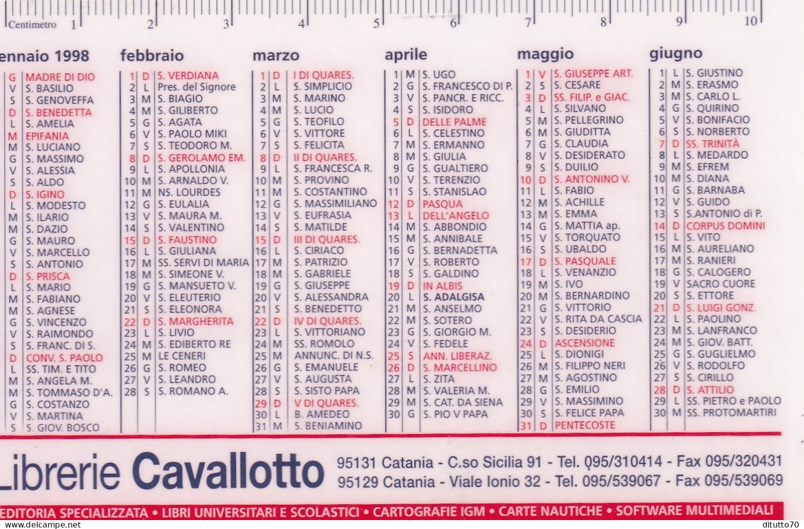 Calendarietto - Librerie Cavallotto  Catania - Anno 1998 - Formato Piccolo : 1991-00