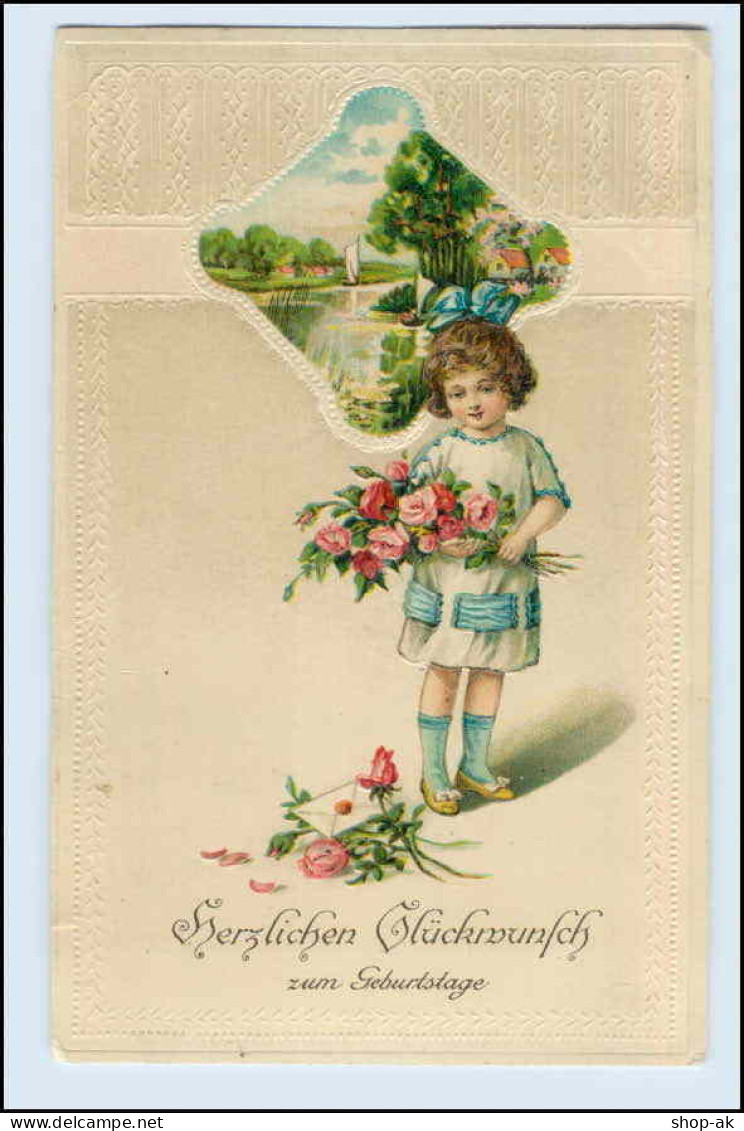 W5Q74/ Geburtstag Kind Mit Blumen Litho Prägedr. AK Ca.1912 - Anniversaire