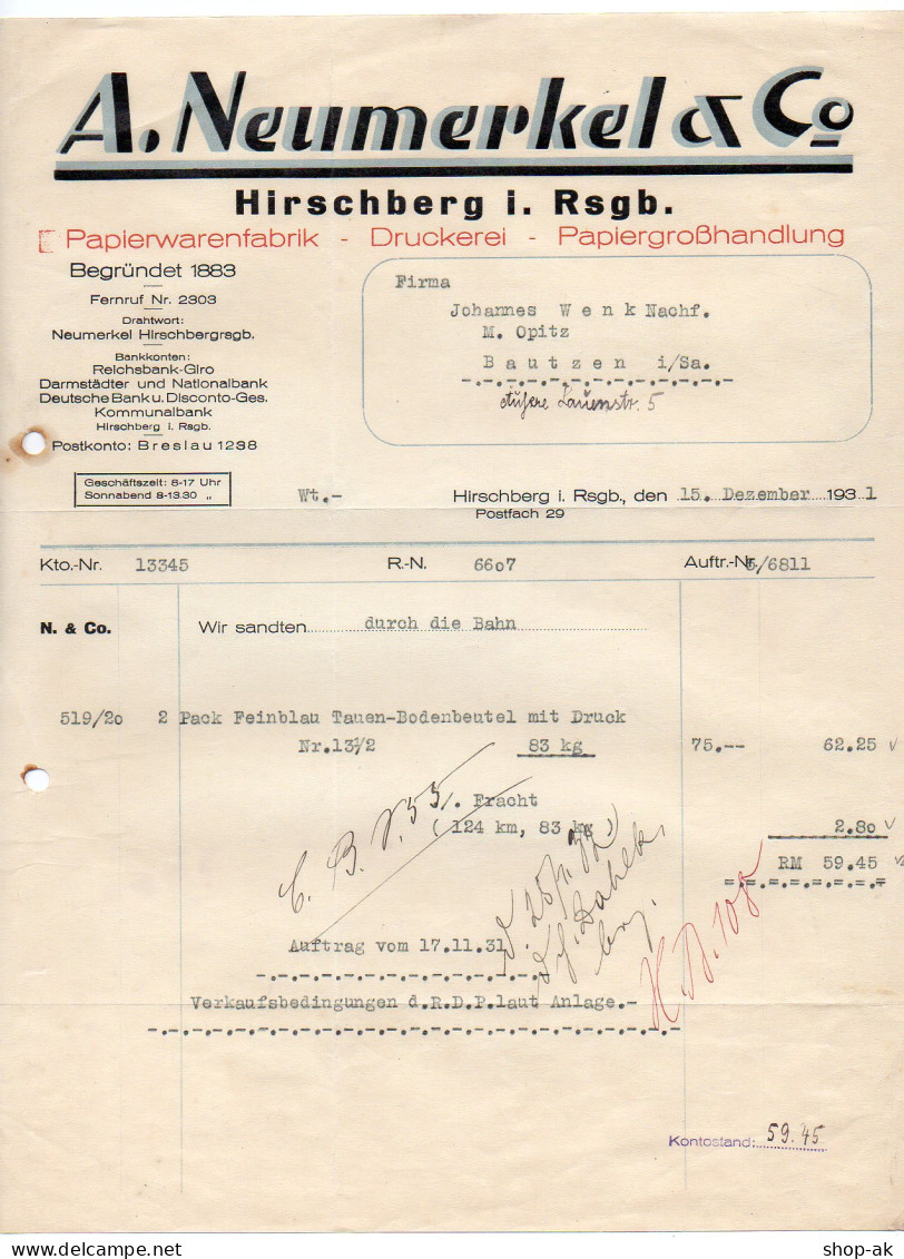 C839/ Rechnung A. Neumerkel & Co. Hirschberg Schlesien Papierwarenfabrik 1931 - Autres & Non Classés