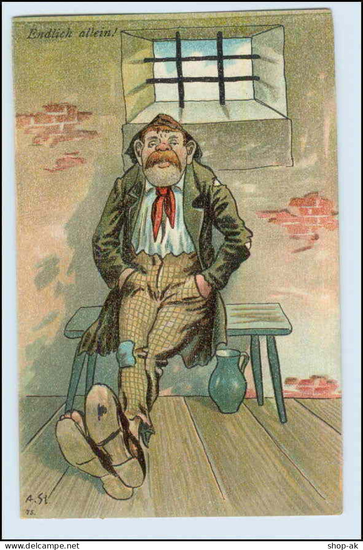 W1L18/  Endlich Allein! Mann Im Gefängnis Litho AK Ca.1910 - Humor