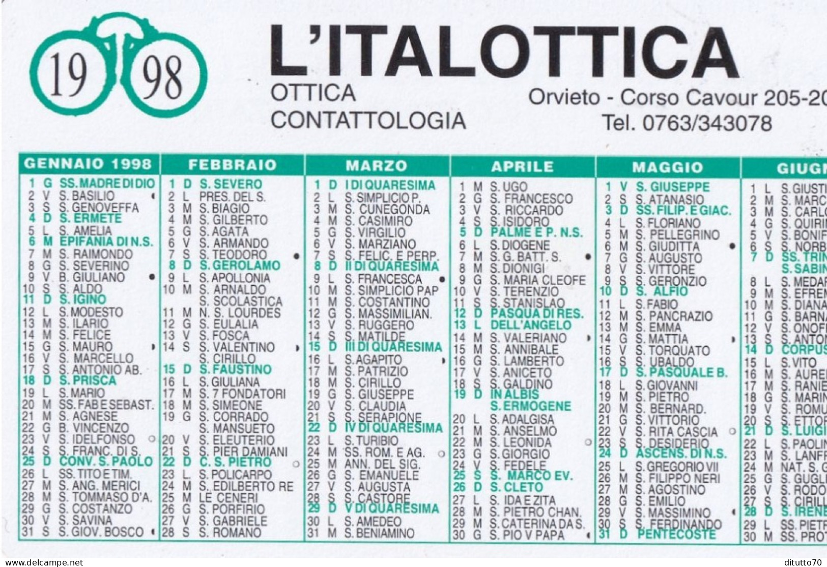 Calendarietto - L'italottica - Orvieto - Anno 1998 - Small : 1991-00