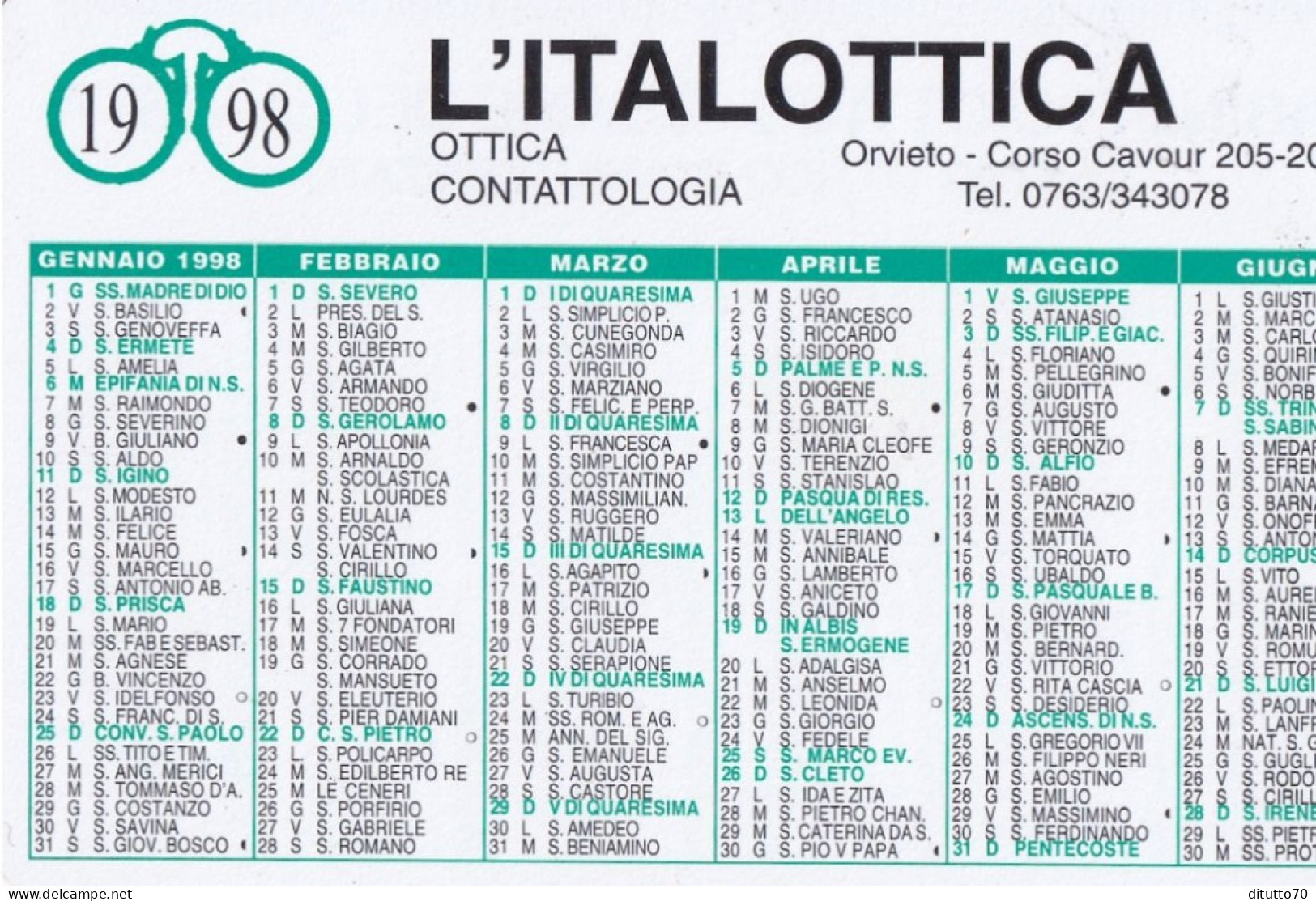 Calendarietto - L'italottica - Orvieto - Anno 1998 - Formato Piccolo : 1991-00