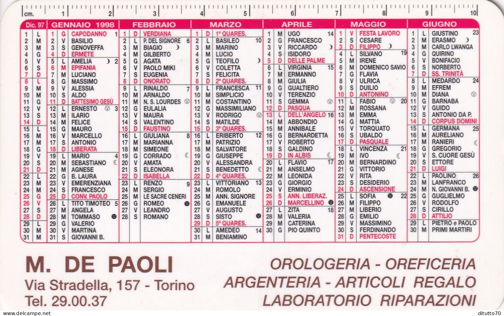 Calendarietto - M.de Paoli - Orologeria - Torino - Anno 1998 - Petit Format : 1991-00