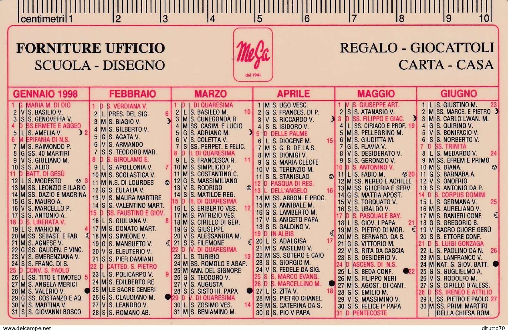 Calendarietto - MEGA - Forniture Ufficio - Anno 1998 - Formato Piccolo : 1991-00